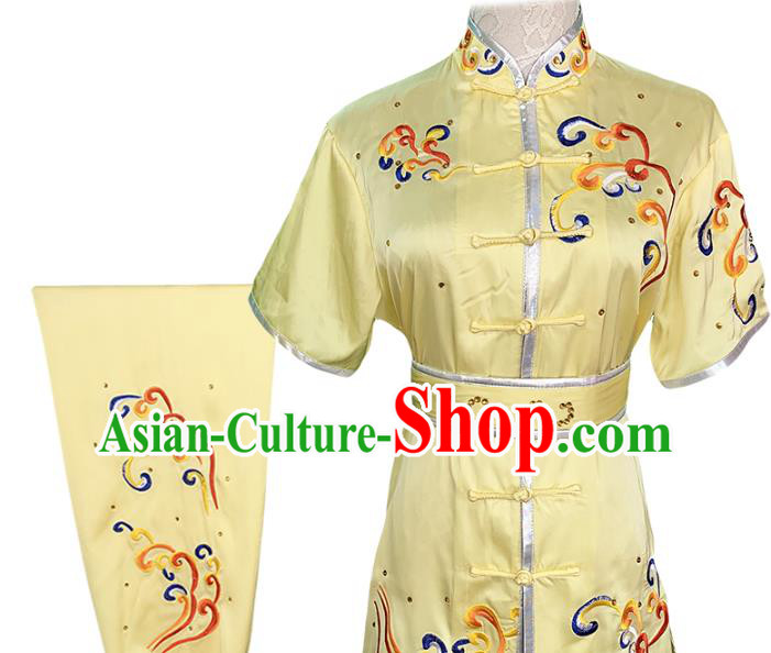 Chinese Kung Fu Training Garment Costumes Martial Arts Wushu Embroidered Yellow Outfits Kungfu Competition Clothing