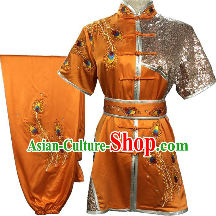 Chinese Chang Boxing Training Garment Costumes Martial Arts Wushu Embroidered Phoenix Orange Outfits Kungfu Competition Clothing