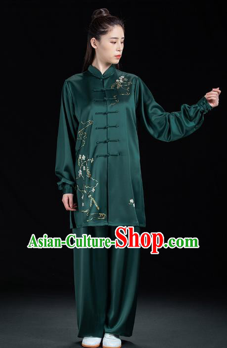 Chinese Tai Ji Training Garment Costumes Martial Arts Hand Painting Green Outfits Woman Tai Chi Competition Clothing