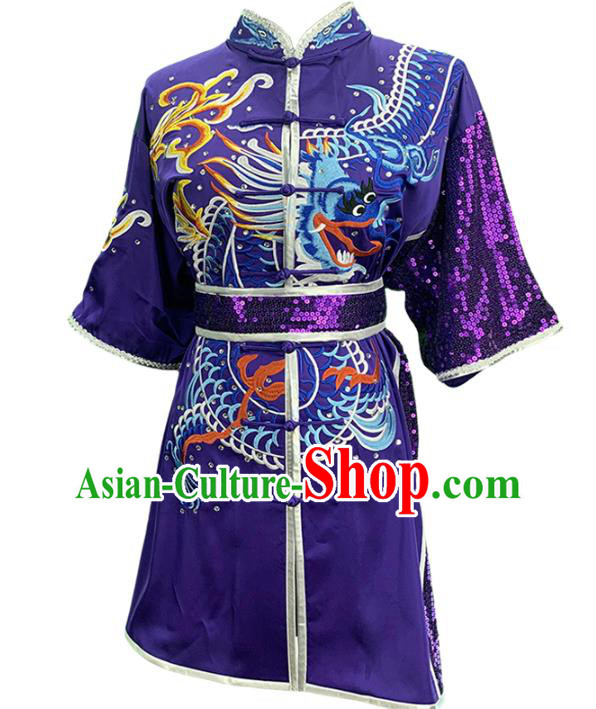 Top China Kung Fu Embroidered Dragon Purple Uniforms Wushu Performance Garment Costumes Martial Arts Competition Clothing