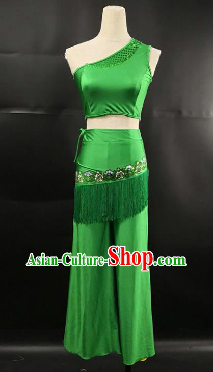 China Yunnan Minority Peacock Dance Green Dress Ethnic Female Group Dance Garments Dai Nationality Stage Performance Clothing