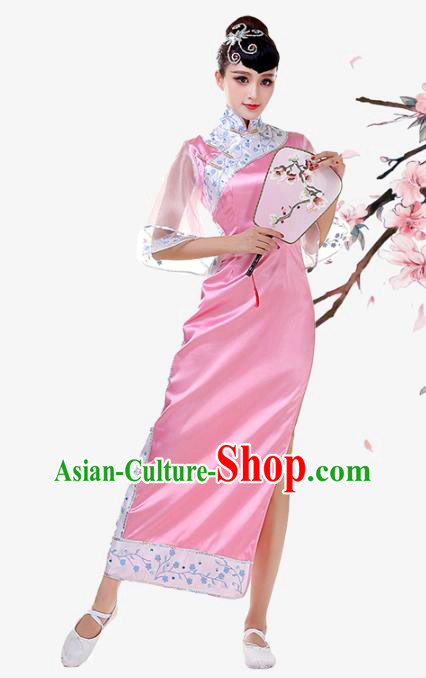 Top Chinese Woman Stage Performance Clothing Classical Umbrella Dance Garment Costume Traditional Fan Dance Pink Qipao Dress