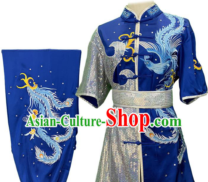 China Martial Arts Embroidered Phoenix Blue Uniforms Wushu Competition Garment Costume Female Shadowboxing Kung Fu Clothing