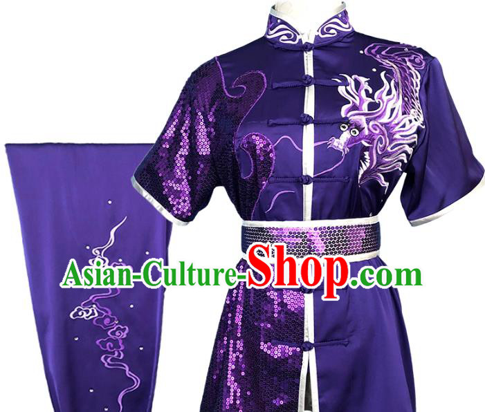 Top Chinese Kung Fu Garment Costume Traditional Martial Arts Competition Clothing Wushu Performance Embroidered Dragon Purple Outfits