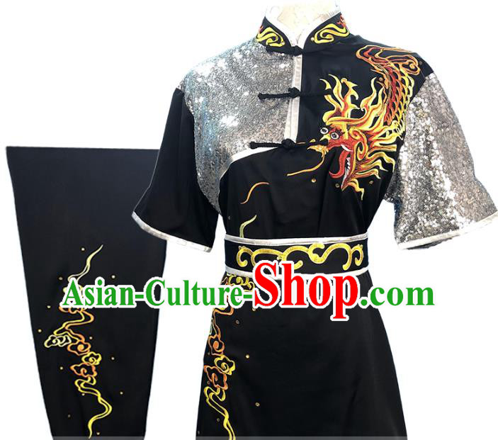 Top Chinese Wushu Performance Embroidered Dragon Black Outfits Kung Fu Garment Costume Traditional Martial Arts Competition Clothing