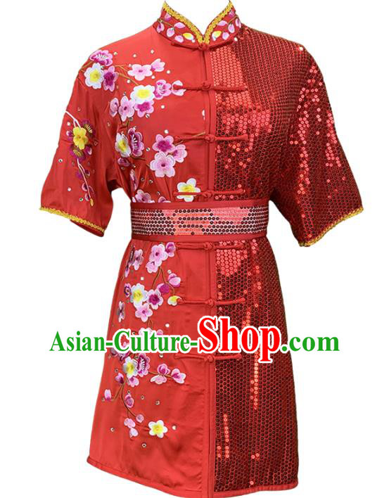 China Female Kung Fu Clothing Martial Arts Embroidered Plum Red Uniforms Wushu Competition Garment Costume