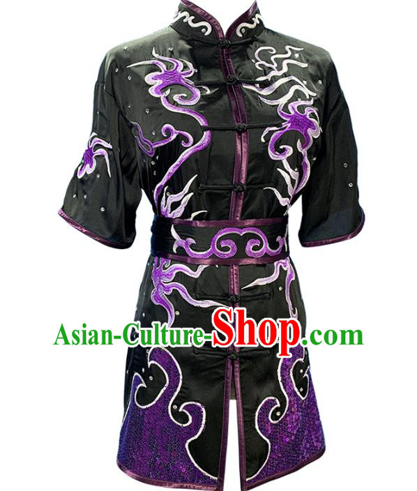 China Wushu Competition Garment Costume Female Kung Fu Clothing Martial Arts Embroidered Black Uniforms
