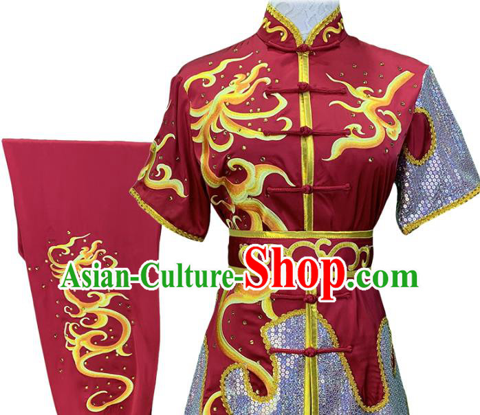 China Martial Arts Embroidered Wine Red Uniforms Wushu Competition Garment Costume Female Kung Fu Clothing