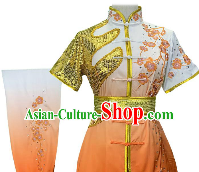 China Wushu Competition Garment Costume Woman Kung Fu Clothing Martial Arts Embroidered Plum Gradient Orange Uniforms