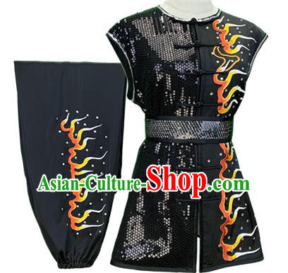 Top Chinese Southern Boxing Performance Black Outfits Kung Fu Garment Costumes Martial Arts Wushu Competition Clothing