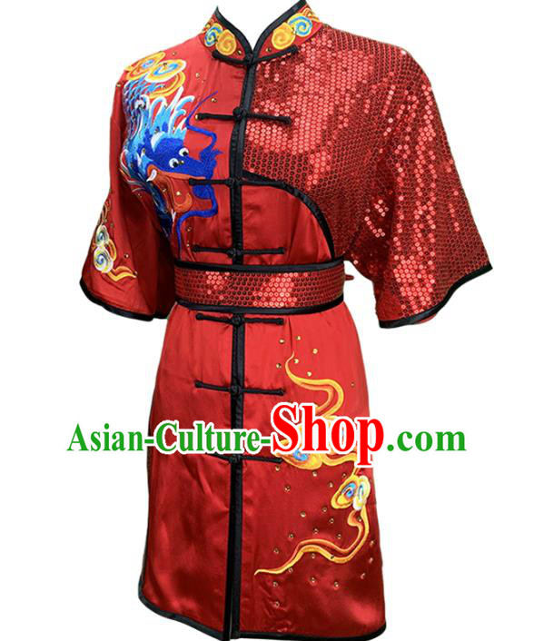 Top Chinese Martial Arts Embroidered Dragon Red Outfits Kung Fu Wushu Performance Clothing Southern Boxing Competition Garment Costumes