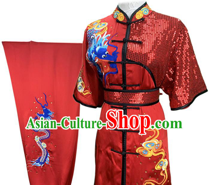 Top Chinese Southern Boxing Embroidered Dragon Outfits Kung Fu Competition Red Garment Costumes Martial Arts Wushu Performance Clothing