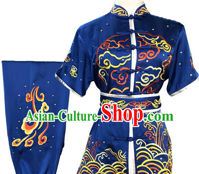 Top Chinese Wushu Performance Clothing Southern Boxing Embroidered Dragon Outfits Martial Arts Kung Fu Competition Blue Garment Costumes
