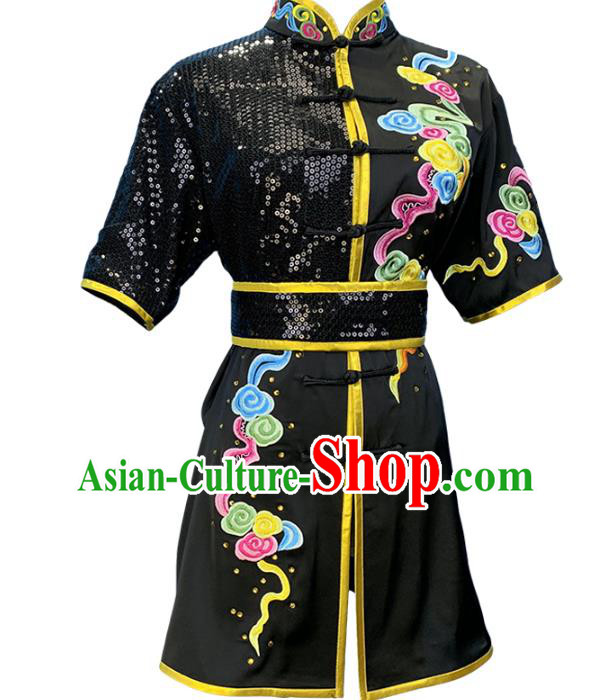 Top Chinese Martial Arts Kung Fu Competition Black Garment Costumes Wushu Performance Clothing Southern Boxing Embroidered Tiger Outfits