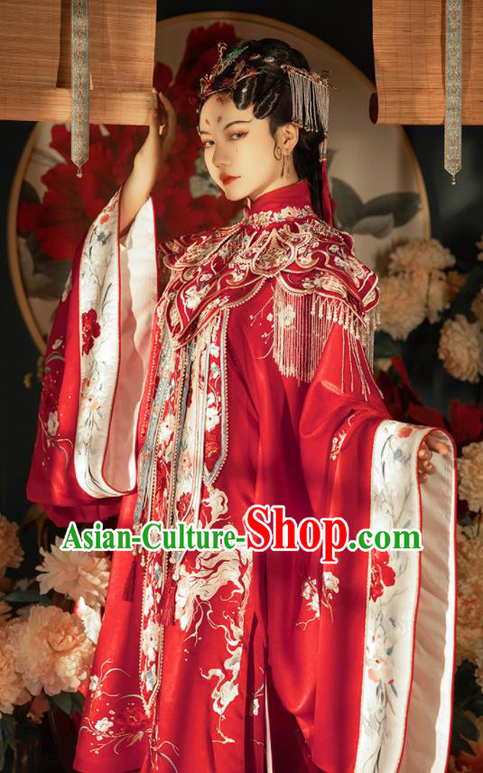 China Ancient Court Woman Embroidered Red Hanfu Dress Traditional Wedding Garments Ming Dynasty Imperial Concubine Historical Clothing