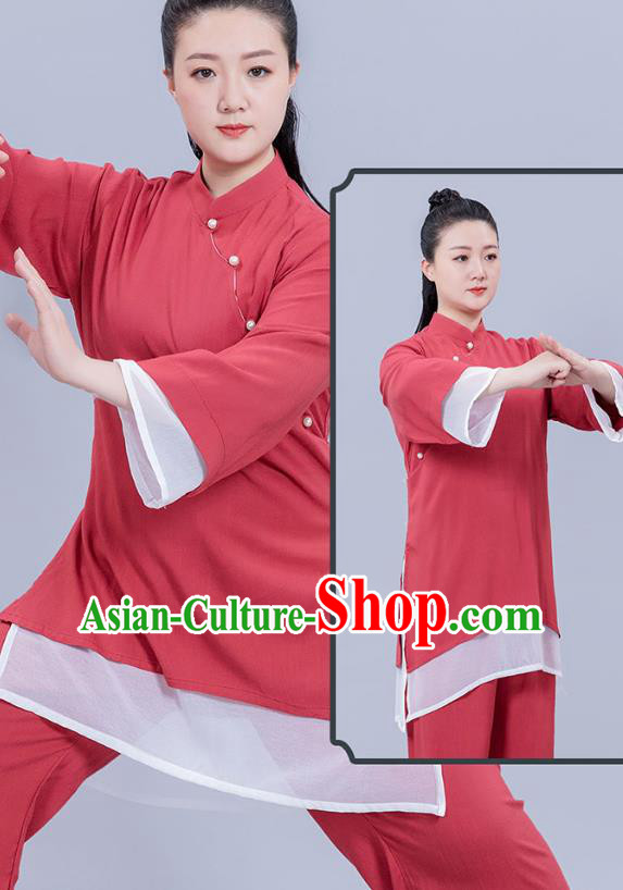 Chinese Martial Arts Competition Red Flax Outfits Tai Chi Performance Clothing Woman Tai Ji Training Garments