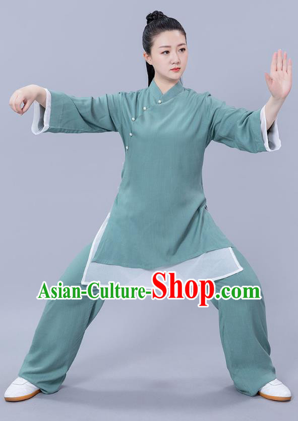 Chinese Woman Tai Ji Training Garments Martial Arts Competition Green Flax Outfits Tai Chi Performance Clothing