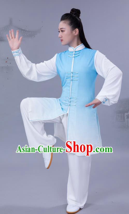 Chinese Woman Tai Ji Training Garments Martial Arts Shadowboxing Competition Blue Outfits Tai Chi Chuan Performance Clothing