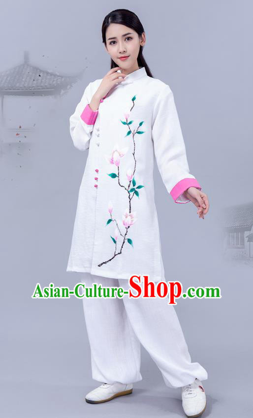 Chinese Martial Arts Tai Ji Training Garments Shadowboxing Competition White Outfits Woman Tai Chi Chuan Painting Mangnolia Clothing
