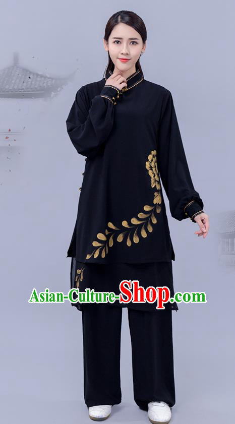 Chinese Woman Tai Chi Chuan Printing Clothing Martial Arts Tai Ji Training Garments Shadowboxing Competition Black Outfits
