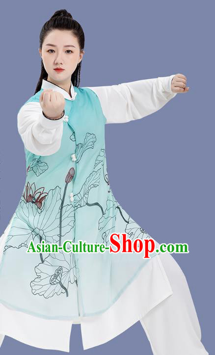 Chinese Martial Arts Hand Painting Lotus Green Outfits Tai Chi Competition Clothing Woman Tai Ji Training Garment Costumes