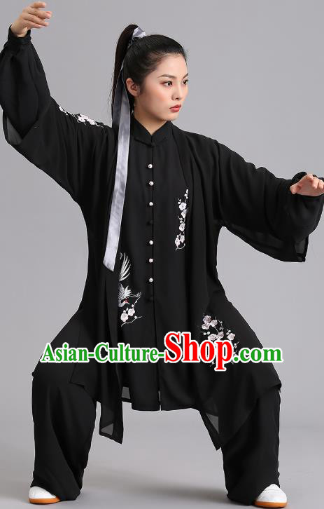 Chinese Martial Arts Printing Plum Garments Tai Ji Group Competition Black Outfits Woman Tai Chi Training Clothing