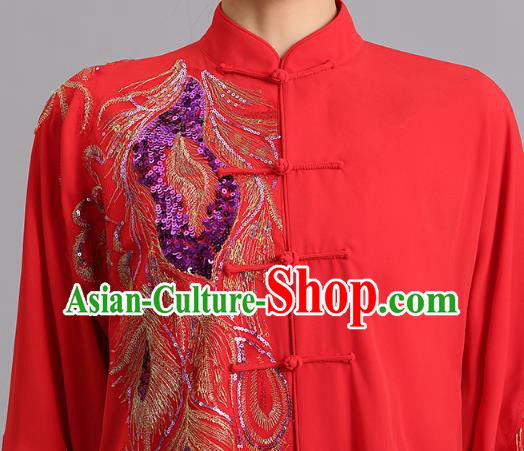 Chinese Kung Fu Tai Chi Performance Clothing Martial Arts Garments Tai Ji Competition Embroidered Sequins Phoenix Red Outfits