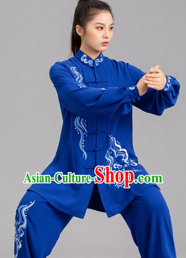 Chinese Martial Arts Kung Fu Competition Garments Tai Ji Embroidered Clouds Royalblue Outfits Tai Chi Performance Clothing