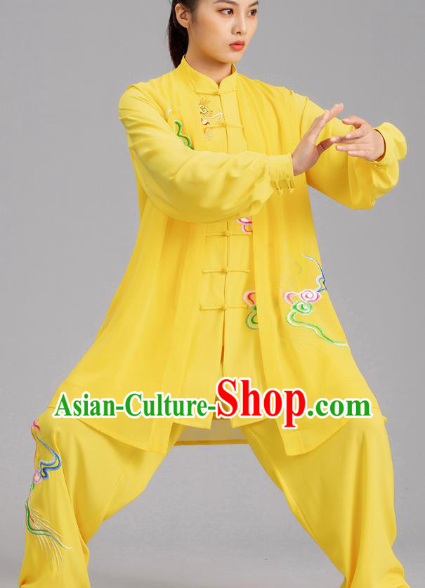 Chinese Tai Chi Performance Clothing Martial Arts Kung Fu Competition Garments Tai Ji Embroidered Clouds Yellow Outfits