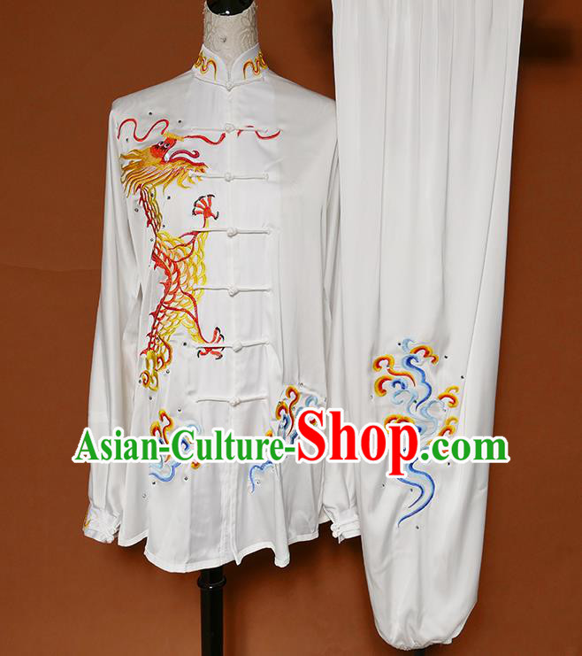 China Martial Arts Embroidered Dragon Garment Costumes Kung Fu Tai Ji White Suits Tai Chi Competition Uniforms
