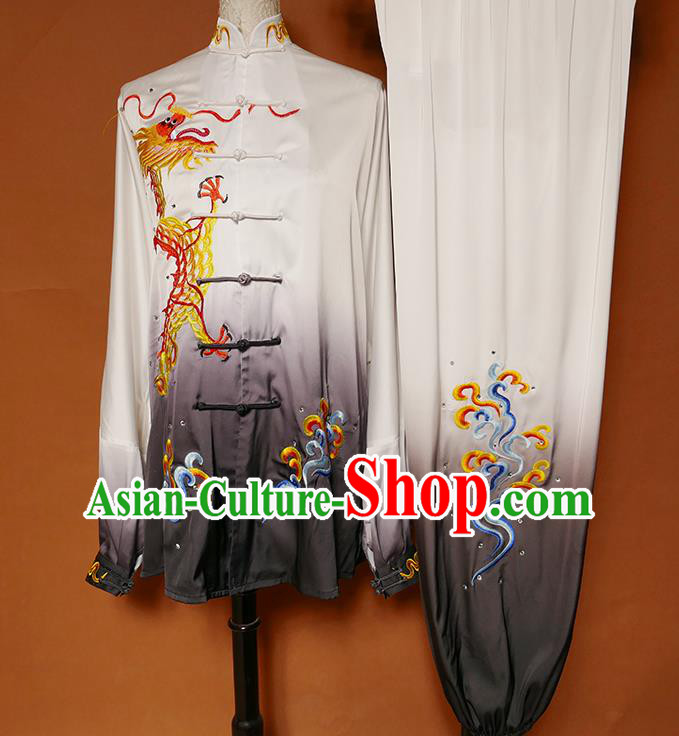 China Tai Chi Competition Uniforms Martial Arts Embroidered Dragon Garment Costumes Kung Fu Tai Ji Gradient Black Suits