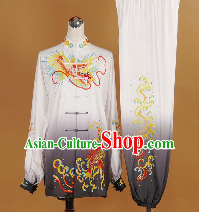 China Kung Fu Tai Ji Gradient Grey Suits Tai Chi Competition Embroidered Dragon Uniforms Martial Arts Garment Costumes