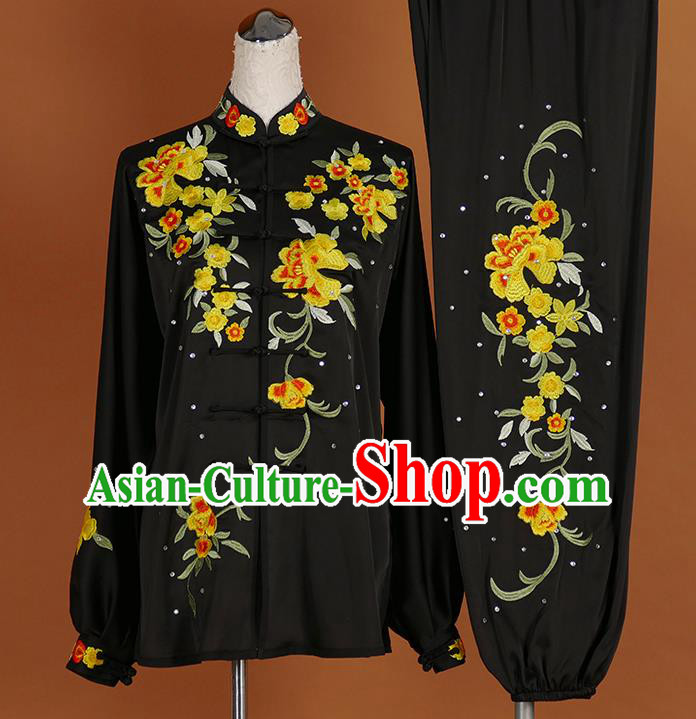 Chinese Martial Arts Long Sleeve Outfits Wushu Competition Embroidered Flowers Clothing Kung Fu Tai Chi Performance Black Suits