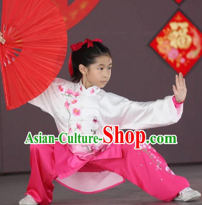 Chinese Children Martial Arts Costumes Tai Chi Performance Clothing Girl Kung Fu Embroidered Plum Rosy Uniforms