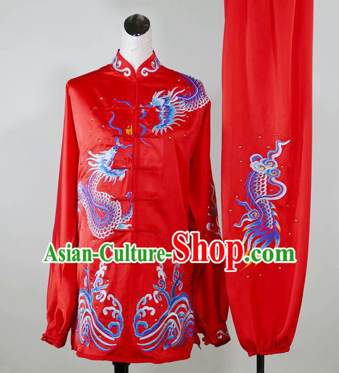 China Changquan Boxing Competition Embroidered Dragon Uniforms Martial Arts Garment Costumes Kung Fu Tai Ji Performance Red Suits