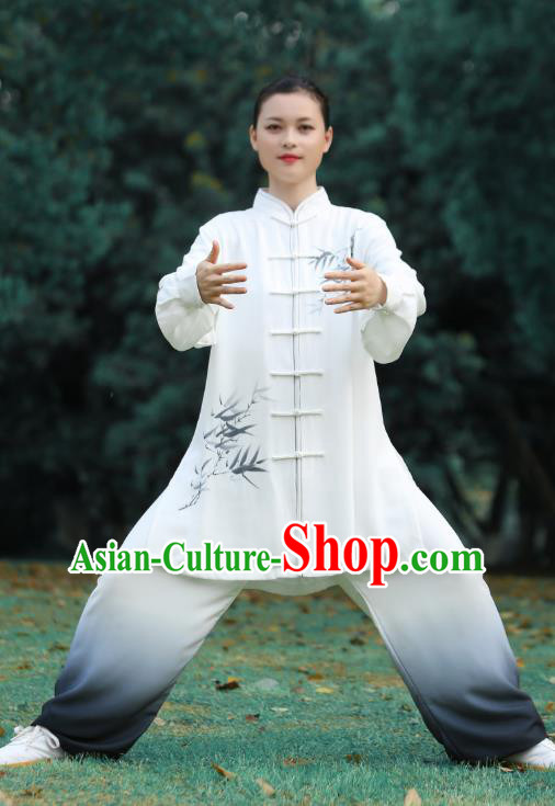 Chinese Tai Chi Performance Clothing Martial Arts Kungfu Competition Garments Tai Ji Chuan Printing Bamboo White Outfits