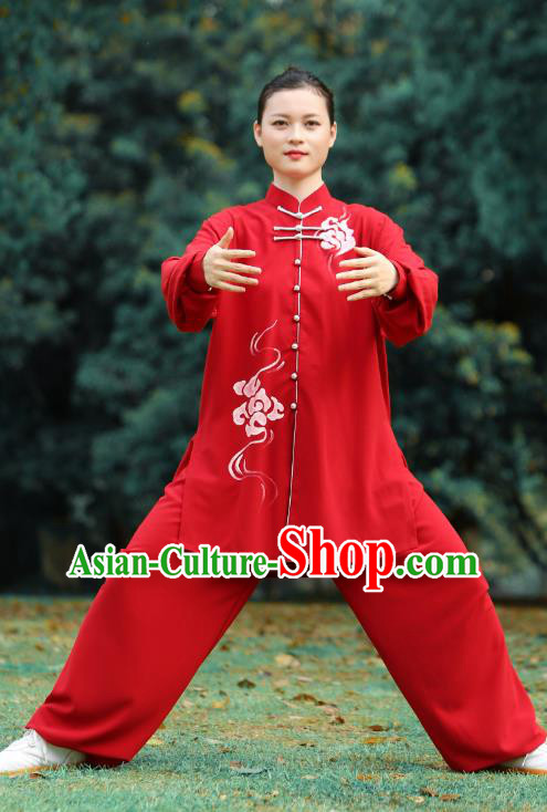 Chinese Tai Ji Chuan Printing Red Outfits Tai Chi Group Competition Clothing Martial Arts Kungfu Performance Garments