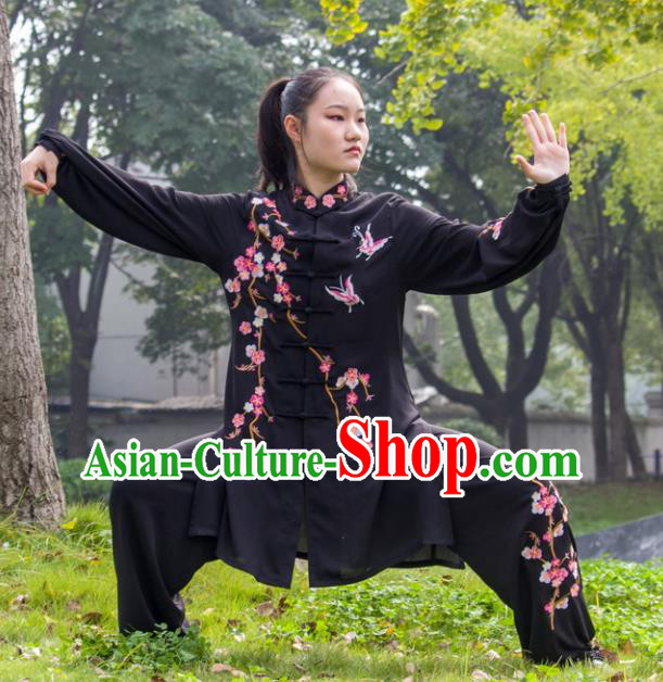 Chinese Kung Fu Tai Ji Embroidered Plum Butterfly Clothing Tai Chi Sword Performance Suits Martial Arts Competition Black Outfits