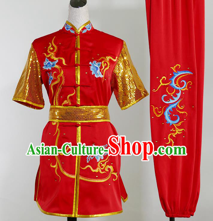 Chinese Martial Arts Embroidered Phoenix Short Sleeve Outfits Wushu Competition Clothing Kung Fu Tai Chi Performance Red Suits
