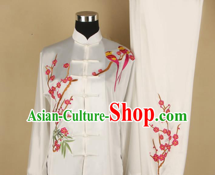 Chinese Kung Fu Tai Ji Training Clothing Tai Chi Performance White Suits Martial Arts Competition Embroidered Plum Outfits