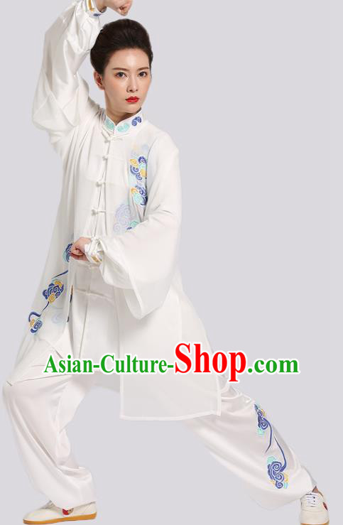 Chinese Kung Fu Tai Ji Training Clothing Tai Chi Performance White Suits Martial Arts Competition Embroidered Clouds Outfits
