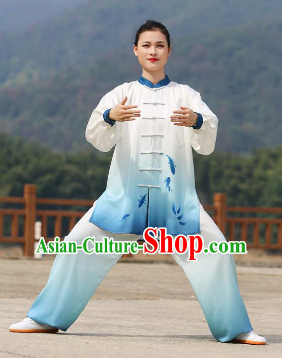 Chinese Tai Chi Group Performance Clothing Martial Arts Competition Garment Kung Fu Printing Fish Suits Tai Ji Chuan Gradient Blue Outfits