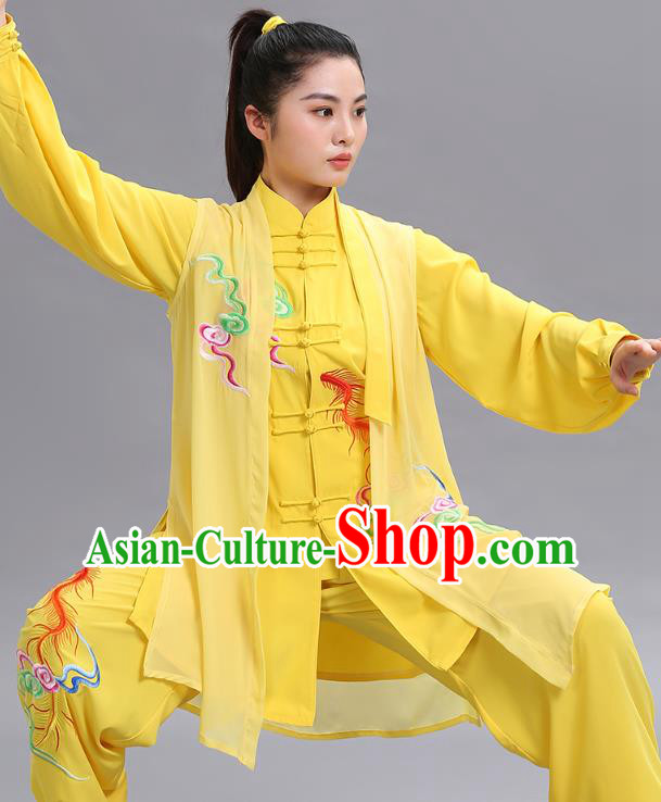 Chinese Martial Arts Performance Three Piece Garments Tai Ji Chuan Embroidered Phoenix Yellow Outfits Tai Chi Kung Fu Competition Clothing