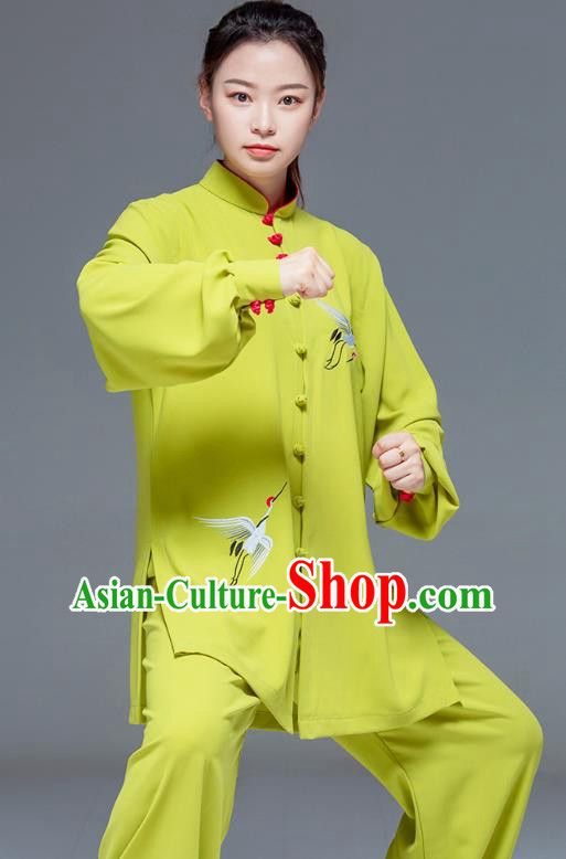 Chinese Tai Chi Clothing Martial Arts Performance Garment Kung Fu Competition Suits Embroidered Crane Green Outfits