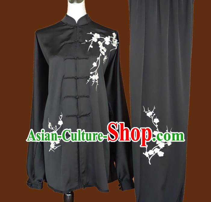 Chinese Tai Chi Garment Costume Kung Fu Wing Chun Competition Suits Martial Arts Embroidered Plum Black Outfits