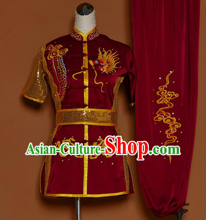 China Nanquan Boxing Training Wine Red Suits Kung Fu Competition Uniforms Wushu Kongfu Sequins Garment Costumes