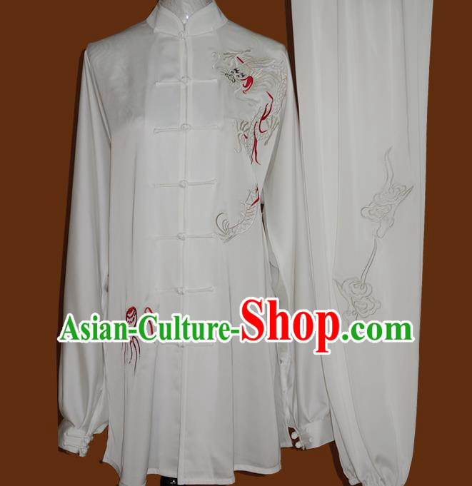 China Tai Chi Garment Costumes Nanquan Boxing Training Embroidered Dragon Suits Kung Fu Competition White Uniforms