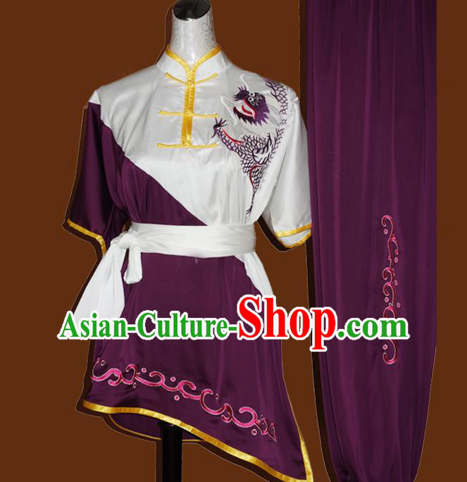 China Wu Shu Training Embroidered Dragon Suits Kung Fu Competition Purple Uniforms Tai Chi Garment Costumes