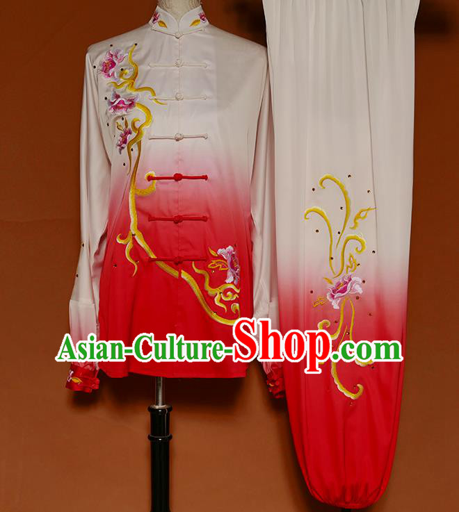 Chinese Kung Fu Tai Chi Performance Suits Martial Arts Embroidered Peony Red Outfits Wushu Competition Garment Costume