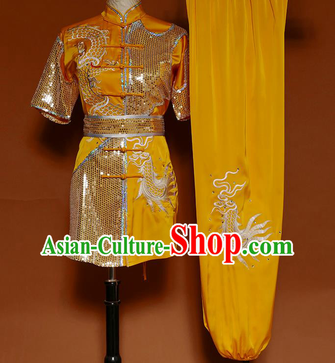 China Wu Shu Chang Boxing Golden Sequins Suits Kung Fu Competition Uniforms Martial Arts Embroidered Garment Costumes